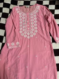 Pink Embroidered Kurta with free matching earring