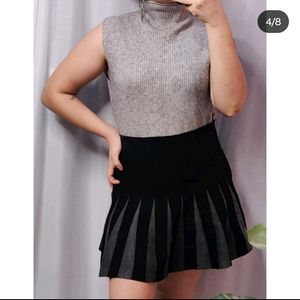 Black And Grey Cute Skater Skirt Warm Material