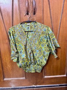 Boho Floral Printed V-Neck Top with Snatched Waist