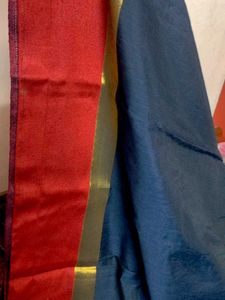 New Navy Blue Soft Cotton Saree With Red Boarder