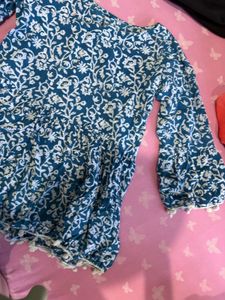 Blue Floral Print Peasant Top