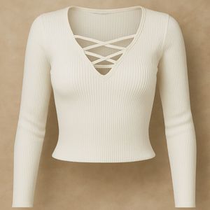 Whitw V-Neck Fitted Crop Top