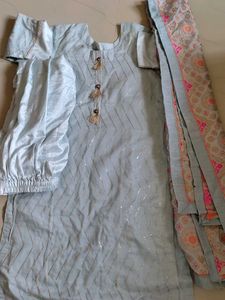 Light Blue Kurti With Pant And Dupatta Set