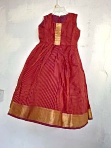 Red &amp; Gold Checked Traditional Silk Dress