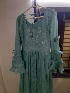 Aqua Ruffle Sleeve Maxi Dress