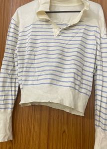 Beige Striped Semi Woolen Collered Top