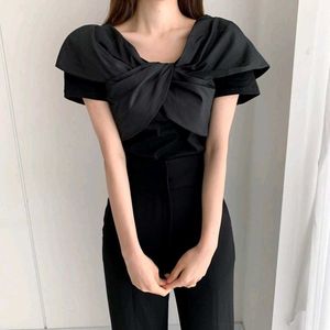 Women Black Cross-Knot V-Neck Top