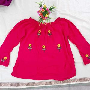 Pink Embroidered Bell Sleeve Top
