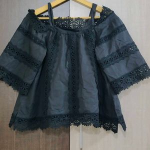 Black Lace Trim Off-Shoulder Top