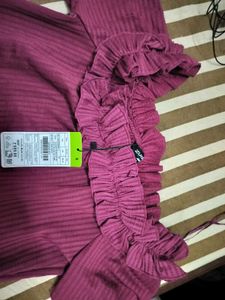 Burgundy Ribbed Off-Shoulder Top