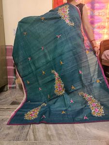 Hand-Embroidered Linen Saree