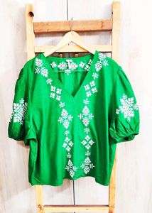 Green Embroidery Work Cotton Top Si,e-46-48