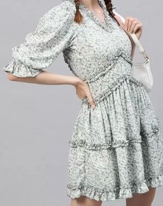 Women Green Printed A-line Ruffle Dress