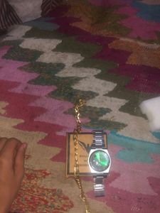 Stylish Silver Watch  And One Golden Chain Free