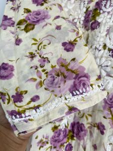 Floral Printed Lavender White Chikankari Lucknowi