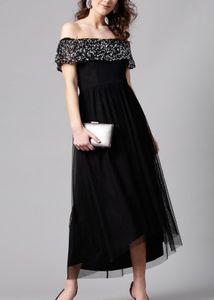 woman black embellished detail net maxi dress