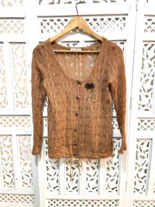 Elegant Brown Lace Knit Long Sleeves Cardigan C