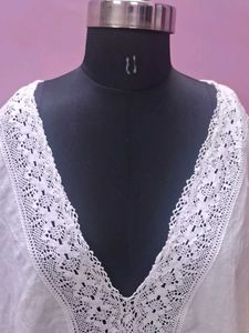 White Lace V-Neck Top Loose Fit