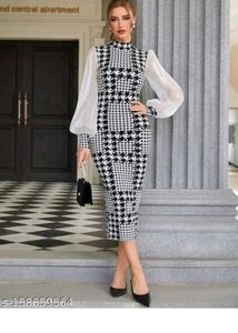 Chic Houndstooth Sheer Sleeve Dress