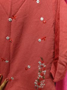 Red  Floral Embroidered Kurti Cotton