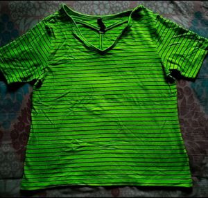 Neon Green Striped V-Neck Tee