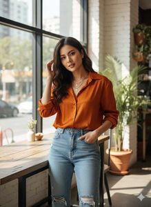 Orange Satin Button-Down Shirt