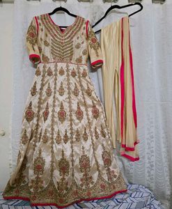 Beige Pink Ethnic Gown Set Leggings Dupatta