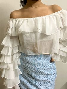 Aesthetic Ruffle Pattern White Crop Top