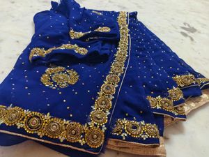 Beautiful 😍 Blue Colour Saree With Blouse 🔥