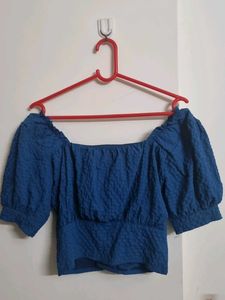 Blue Puff Sleeve Button-Up Top