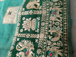 Gorgeous Green &amp; Teal Sari, Without Blouse