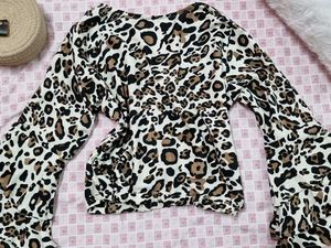 Leopard Print V-Neck Top With Bell Sleeves