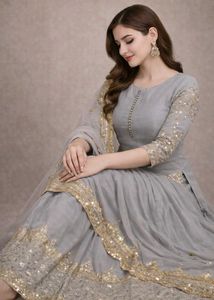 Elegant Grey Embroidered Kurta 3psSet