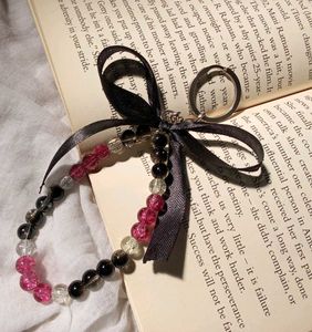onion pink Beaded Keychain with black ribbon