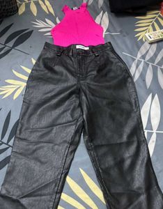 Faux Leather Pants & Pink Cute Top
