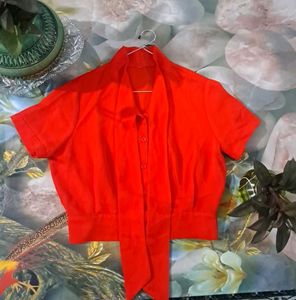 Vintage Red Tie-Neck Blouse