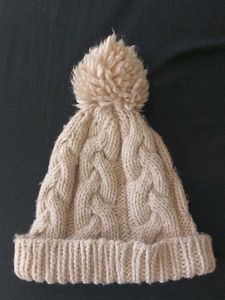 Cream Cable Knit Beanie with Pom
