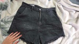 Black Denim Frayed Hem Shorts
