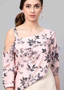 Pink And Charcoal Grey Floral Print Top
