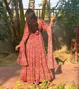 RED PRINTED FLARED KURTA SET WITH DUPATTA