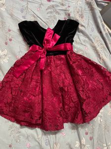 Girls Black Velvet &amp; Red Lace Dress