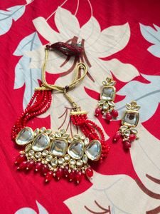 Red Kundan Necklace &amp; Earring Set