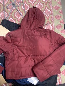 Burgundy Puffer Jacket with Fur Hood