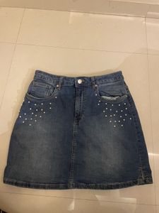 Denim Skirt with Pearls