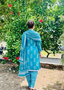 Teal Printed Cotton Suit Set