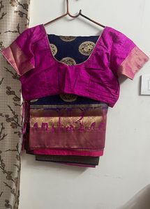 Navy Blue Semi Silk Saree With Stitched Blouse