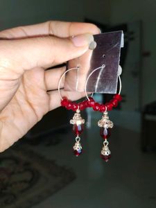 Red Beaded Hoop Earrings