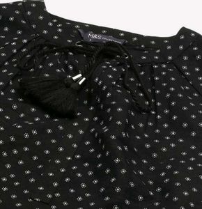 Black linen cotton floral print tie-up neck town