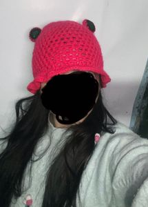 Pink Crochet Froggy Bucket Hat