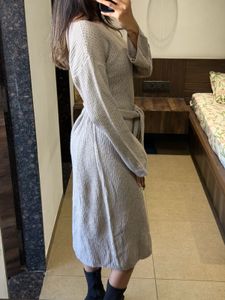 free size Ribbed Knit tie up Midi Dress